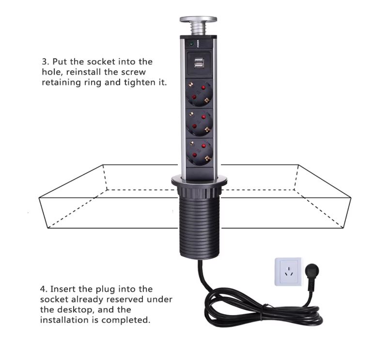 Namizna dvižna vtičnica 3EU z 2USB