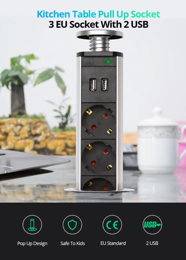 Namizna dvižna vtičnica 3EU z 2USB