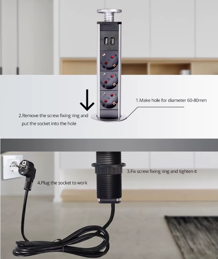 Namizna dvižna vtičnica 3EU z 2USB