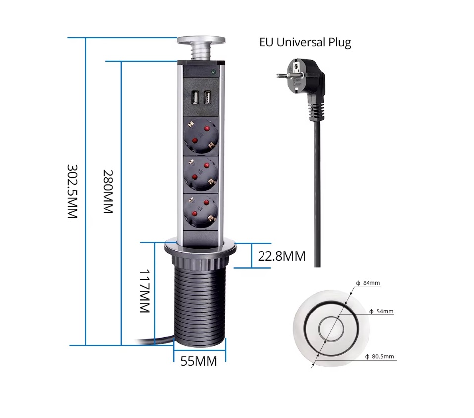 Namizna dvižna vtičnica 3EU z 2USB