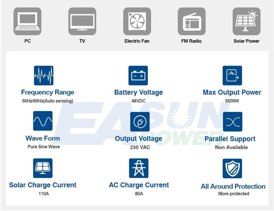EASun Power Hybrid UPS Solarni 48V 5.5kVA WiFi